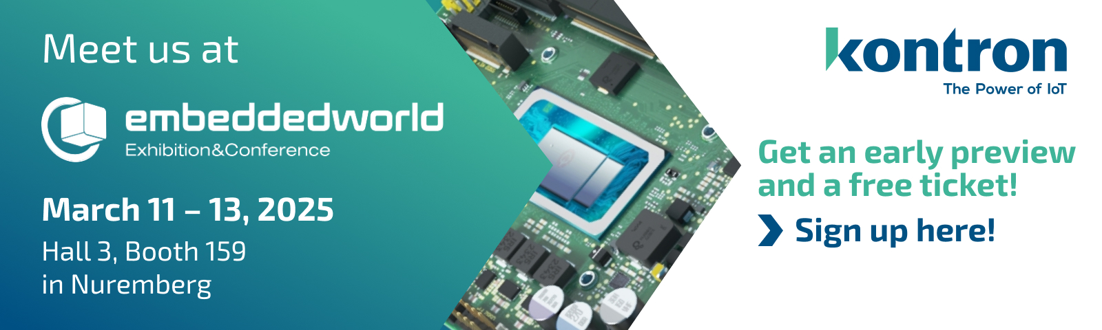 Banner zur Embedded World Messe 2025 mit Standnummer und halle, Free Ticket